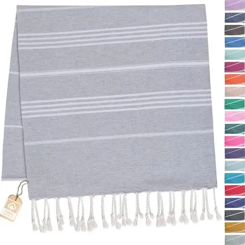 Produktbild: TOWELAND Weiches und strapazierf higes Baumwolltuch für Sauna Yoga Strand 100% Baumwolle perfekt kann als Saunatuch Handtücher Strandtuch oder Badetuch (Light Grey, Striped Model (100 x 180))