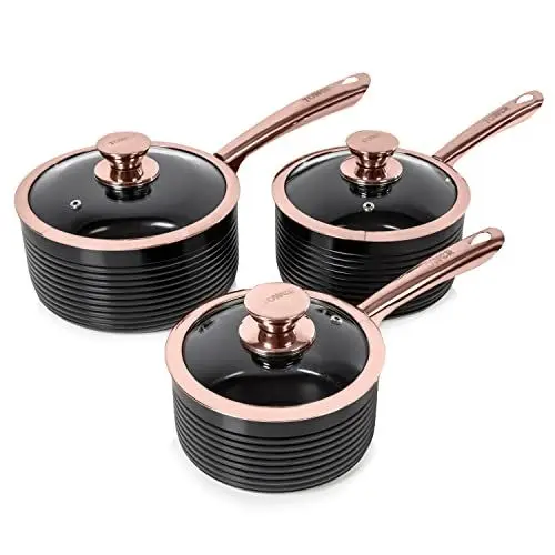 Produktbild: Tower T800001RB Linear Roségold 3-tlg. Topfset - Topfset Beschichtet Antihaft Kochtöpfe in 16cm, 18cm und 20cm - Schwarz und Roségold