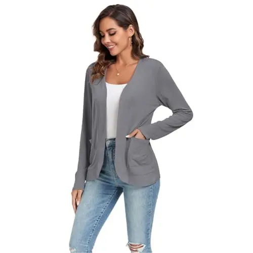 Produktbild: TownCat Strickjacke Damen Dünne Casual Langarm Elegant Cardigan Mit Taschen Leicht Gemütlich Offene Vorderseite Ärmel Draussen Atmungsaktiv Jacken Dunkelgrau L