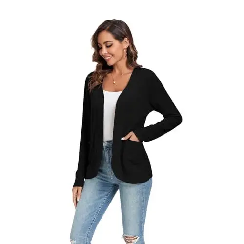 Produktbild: TownCat Strickjacke Damen Dünne Casual Langarm Elegant Cardigan Mit Taschen Leicht Gemütlich Offene Vorderseite Ärmel Draussen Atmungsaktiv Jacken Schwarz M