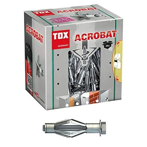 Produktbild: TOX Metall-Hohlraumdübel Acrobat 68 mm verzinkt mit metrischer Schraube M8 x 71 mm, für Befestigungen in Gipskartonplatten und geringen Hohlraumtiefen, 25 Stück, 035101181, grau, M8x68mm