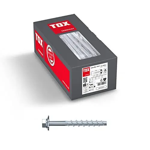 Produktbild: TOX Schraubanker Sumo Max 1 KB-U 10x200 mm, Sechskantkopf mit Bauscheibe, Stahl verzinkt, für Befestigung von Holzanbauteilen, bauaufsichtlich zugelassen für schwere Lasten, 25 Stück, 041101911