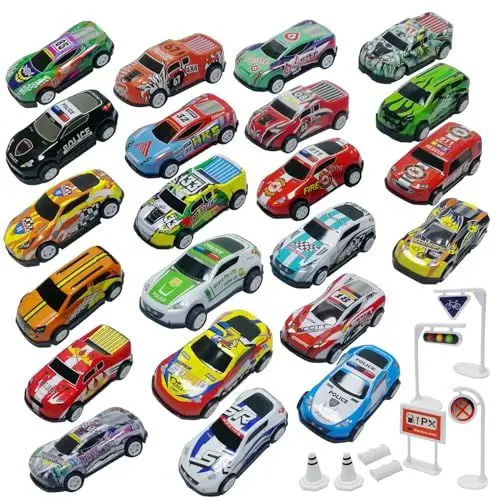 Produktbild: TOYABI Auto Spielzeug Set, Spielzeugautos Metall, 22 Stück Kleine Spielzeugauto mit 8 Straßensperre, Autos Zurückziehen Fahrzeuge, Weihnachten Geburtstag Geschenk für Kinder ab 3 4 5 6 7 8 Jahre