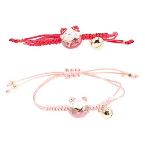 Produktbild: 2 Stück Katze Maneki Neko Armband Glückskatze Keramik Perlen Armbänder Feng Shui Tier Armband Glücksschnur Geflochtene Handgelenkkette mit Glöckchen für Freund Liebhaber Geschenke Rot Rosa