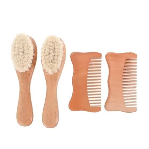 Produktbild: TOYANDONA 3 Sätze 4 Stk Wollbürste Babykamm Baby-badebürste Haarbürste Aus Holz Babyhaarbürsten Kopfpflegeset Produkt Zur Kopfhautpflege Kopfhautkamm Neugeboren Kleinkind Wolle Wiege