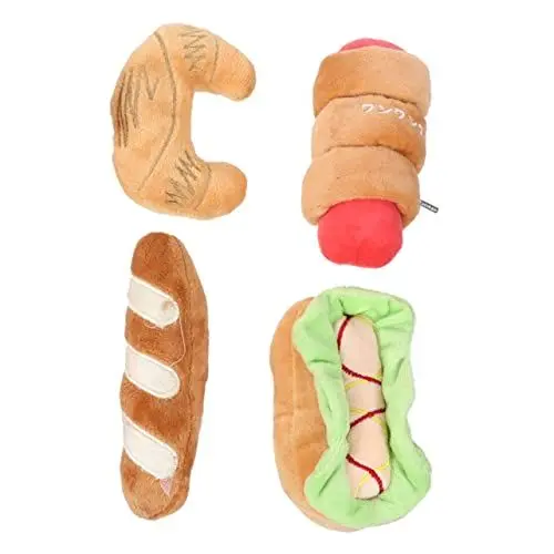 Produktbild: TOYANDONA 4 Stück Teiliges Interaktives Kauspielzeug für Unzerstörbares Quietschendes Plüschspielzeug Lebensmittel Design Hamburger Croissant Schinkenrolle für Kau und Spielspaß