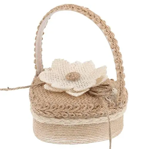 Produktbild: TOYANDONA Ringkissen Hochzeit Blumenmädchen Korb Blumenkorb Hochzeit Jute Spitze Ringhalter Romantische Ehering Kissen mit Schleife Ring Körbchen Träger für Hochzeit Party Zubehör 11.5x8.5cm