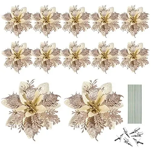 Produktbild: TOYANDONA Weihnachten Glitter Weihnachtsstern Blumen 12Pcs Baum Dekorative Silk Blume mit 12 Clips Und 12 Vorbauten Weihnachten Baum Weihnachtsstern Dekorationen Hochzeit Weihnachten Baum
