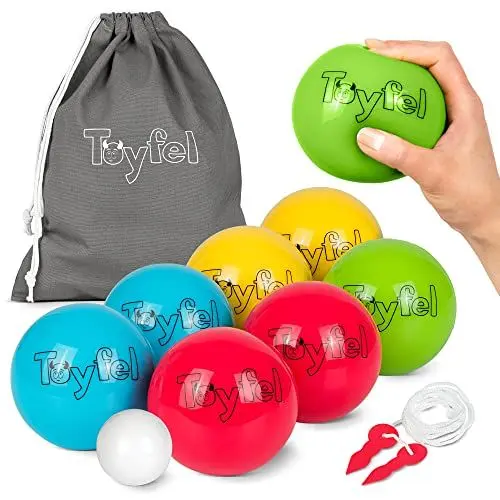 Produktbild: Toyfel Weiches Soft Boule Set für Kinder – Indoor Spiel Boccia Spiel inkl. 8 Boule Kugeln, 1 Zielkugel, 1 Tragebeutel & Abstandsmesser – Soft Boccia für Parkett, Fliesen, Teppich – Leo