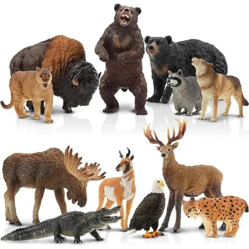 Produktbild: TOYMANY 12 Stück Tiere-Figuren Set Wald Spielfiguren Spielzeug,Nordamerikanische Waldtierfiguren Enthält Waschbär,Luchs,Wolf,Bär,Adler,Plastiktiere Zoo Dschungel Wild Tierfiguren für Kinder