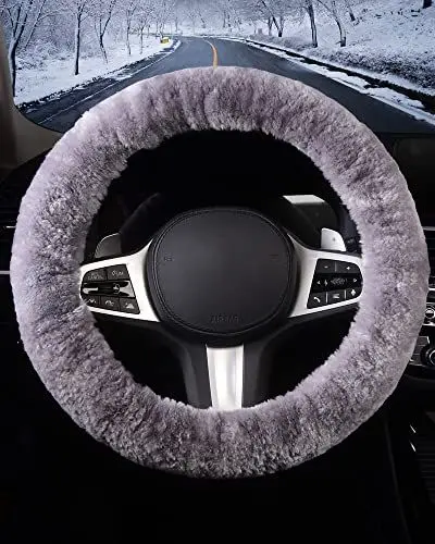 Produktbild: TOYOUN Lenkradbezug aus Schaffell Echt, Universal Lenkradbezug Fell Auto Lenkradhülle Plüsch Lenkradabdeckung Warm Auto Winter Zubehoer, Grau