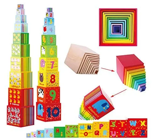 Produktbild: Toys of Wood Oxford Stapelturm Holz - Bunte Würfel mit Zahlen, Buchstaben und Tieren stapeln oder ineinander stecken - Stapelwürfel Steckturm für Kinder ab 2 Jahren