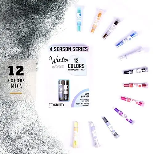 Produktbild: ToysButty 12 Farben Mica Pulver Kit für Epoxidharz-Pigmentset Seifenfarben, blumige Farben in Tuben aufbewahrt, Make Up, Lipgloss, Badebomben, Kunstharzfarbstoff Winter der 4-Jahreszeiten-Kollektion