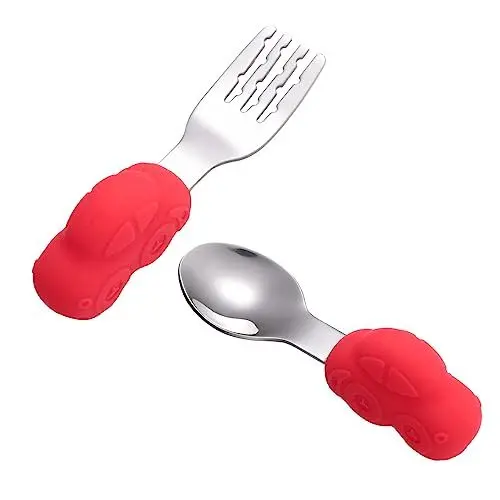 Produktbild: Toyvian Rotes -löffel-paar Mit Kurzem Griff Geschirr Für Jungen Und Mädchen Babylöffel Und -gabeln Kleinkind-utensilien Trainingsgabel- Und -löffel-set Lebensmittelechtes Baby-utensil