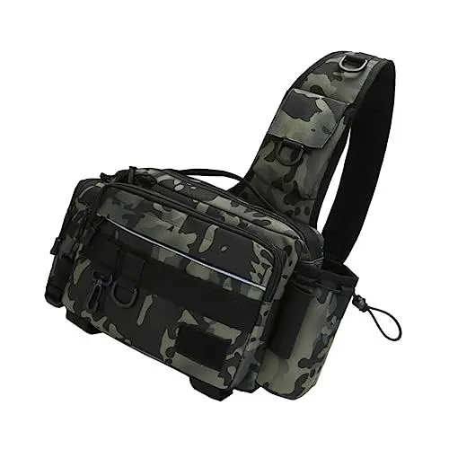 Produktbild: Toyvian 1 Stück Multifunktionale wasserdichte Angeltasche Große Kapazität für Angelausrüstung Verstellbarer Gurt Strapazierfähiges für Angeln Wandern und Klettern Dunkelkamouflage