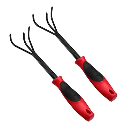 Produktbild: Toyvian 2 Stück Gartenwerkzeug Tragbarer Kleiner Gartenrechen Mit DREI Zähnen Langlebige Stahlgabel Für Garten Und Rasenpflege Für Lockere Erde Und Pflanzen Rot Schwarz