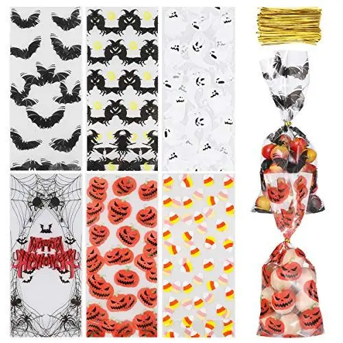 Produktbild: Toyvian Halloween Candy Bags 150Pack, Clear Treat Bags Halloween Gemusterte Aufbewahrungstaschen Cellophantaschen mit Drehbändern, Halloween Bags für Partyzubehör (6 Muster, 28 cm * 13 cm)