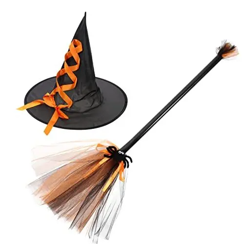 Produktbild: Toyvian Halloween- Hexenbesen- Hut- Set, Halloween- Hexenhut mit fliegendem Hexenbesen für Kinder, Halloween- Hexenkostüm- Zubehör (Orange)