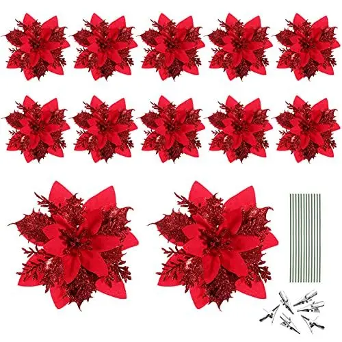 Produktbild: Toyvian Weihnachten Glitter Künstliche Weihnachtsstern Blumen- Muster 12Pcs Weihnachten Baum Blumen- Muster Ornamente Xmas Party Dekoration mit 12Pcs Vorbauten Und Clips (Rot)