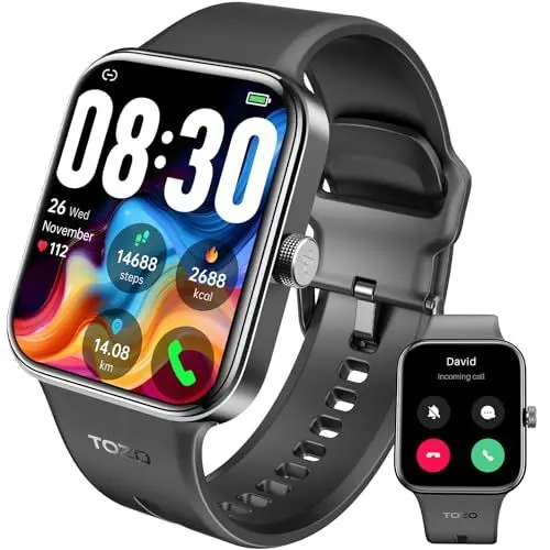 Produktbild: TOZO S4 Smartwatch Damen Herren, Bluetooth Anruf Fitnessuhr mit 1,78” Touchscreen, Sportuhr mit 100 Sportmodi, Herzfrequenz Schlaf-Monitor Schrittzähler, IP68 Wasserdicht für Android iOS - Schwarz