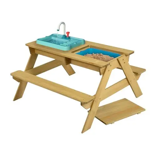 Produktbild: TP Toys Splash and Play hölzerner Picknicktisch mit funktionierendem Wasserhahn, Schüssel für Sand- und Wasserspiele, Mehrzweck-Holztisch für Kinder ab 2 Jahren 130 x 137 x 138 cm