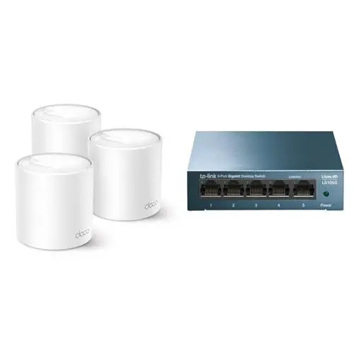 Produktbild: TP-Link Deco X50 Mesh WLAN Set (3 Pack), Wi-Fi 6 AX3000 Dual Band Router & Repeater & LS105G 5-Ports Gigabit Netzwerk Switch