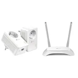 Produktbild: TP-Link Powerline Adapter Set TL-PA7017P KIT(1000Mbit/s & TL-WR840N N300 WLAN Router (300Mbit/s (2,4GHz), 4 x 10/100Mbit/s LAN Ports, IPv6, 2 externe Antennen, WPS, Accesspoint Modus), weiß/schwarz