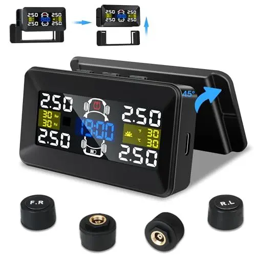 Produktbild: TPMS Reifendruckkontrollsystem 3,5 Zoll Kabellos Reifendrucküberwachungssystem 0,01Bar Hochpräzise Abnehmbare Solar/Typ-C Ladung TPMS Auto mit 4 Wasserdicht IP67-Reifendrucksensoren 14-87PSI