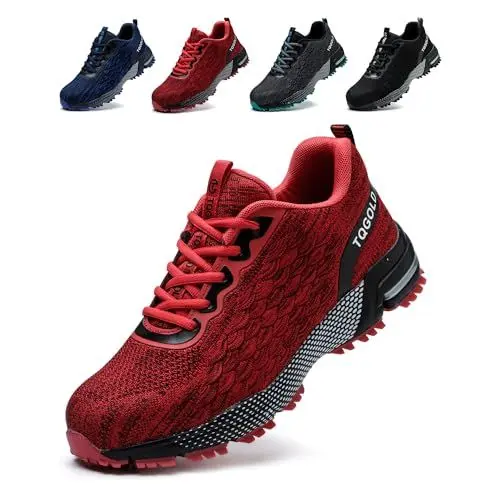 Produktbild: tqgold Arbeitsschuhe Herren Sicherheitsschuhe Damen Leicht Stahlkappenschuhe rutschfest Atmungsaktiv Schutzschuhe Sneaker Sportlich Industrie Stahlkappen Schuhe(Rot,46EU)