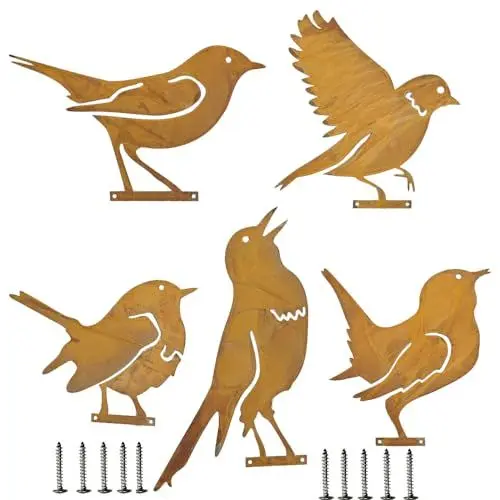 Produktbild: TQPXZO Vögel Gartendeko Rost 5 Stück für Draußen, Vogel aus Eisen Mit Schrauben In Holz, Deko für Garten Patio Park Zaun Baum, Stamm, Bauernhof Dekoration