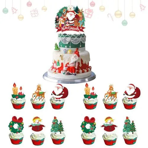 Produktbild: TQPXZO Weihnachten Torten Deko, Weihnachts-Cupcake-Aufsätze mit Bastel-Weihnachtsbaum, Mini-Weihnachtsmann, Schlitten, Rentier, Schneemann-Kuchendekoration Party Dekoration