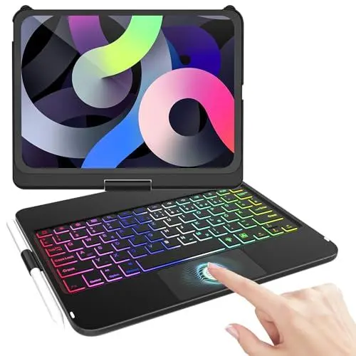 Produktbild: TQQ Hülle mit Tastatur für iPad A16 11 Generation 2025/10 Generation 2022(11/10.9 Zoll), mit Präzisions-Trackpad, Notebook-ähnlicher Tastatur mit 7-Farbige Hintergrundbeleuchtung, 360° Drehbar