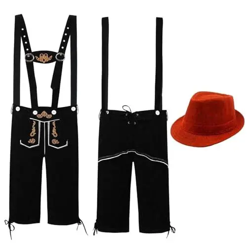Produktbild: Trachten Lederhose Herren Braun Trachtenlederhose Kurz mit Hosenträger Trachtenhose für Trachtenhut Trachte Jogginghose für Oktoberfest Outfit M-3XL