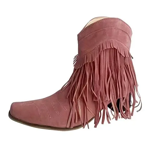 Produktbild: Trachten Sneaker Damen Kurze Stiefel Damen Plus Size Winter Chunky AAD Heel Square Head Fransen Stiefel Kurze Stiefel Regenstiefel Field Schuhe Stiefel Muster Stiefel (Pink, 42)