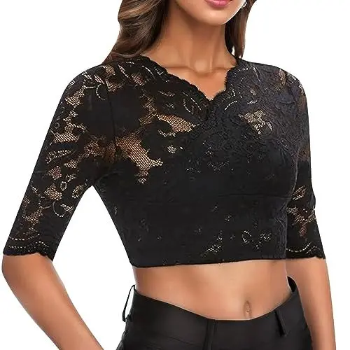 Produktbild: Trachtenbluse Damen kariert 48 blusenshirt Damen Langarm Baumwolle Spitzenbluse Damen Kurzarm Dirndlbluse Damen Spitze Langarm Spitzenbluse schwarz Tracht Trachtenbluse Damen gr 48-50
