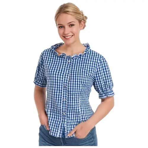 Produktbild: Trachtenbluse Damen kariert Kurzarm Stilvolle Damenhemden für Oktoberfest kurzärmlig mit Spitzenbesatz kariertem Design vielseitige saisonale Kleidung Elegante Blusen für Frauen Trachten (Blue, XL)