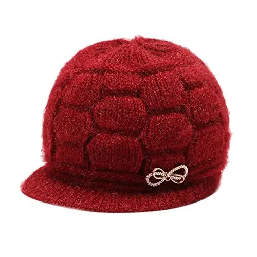 Produktbild: Trachtenhut Damen Rosa Damen Winter Warme Strickmütze Wolle Schnee SkiMützen Mit Visier BaskenMütze Senfgelb (Red, One Size)