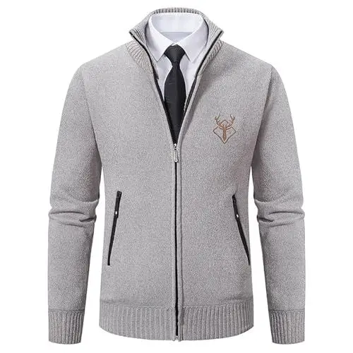 Produktbild: Trachtenweste Herren, Trachtenjanker für Herren Trachten Strickjacke Reißverschluss Strick mit Kragen Trachtenjacke Langarm Cardigan Sweatjacke Jacke Basic Strickjacken Klassischer Strickpullover