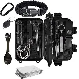 Produktbild: Tradista Survival Kit 15 in 1 - Außen Notfall Survival Kit mit Messer/Taktische Taschenlampe für Camping/Bushcraft/Wandern/Jagden/Outdoor Abenteuer, Schwarz