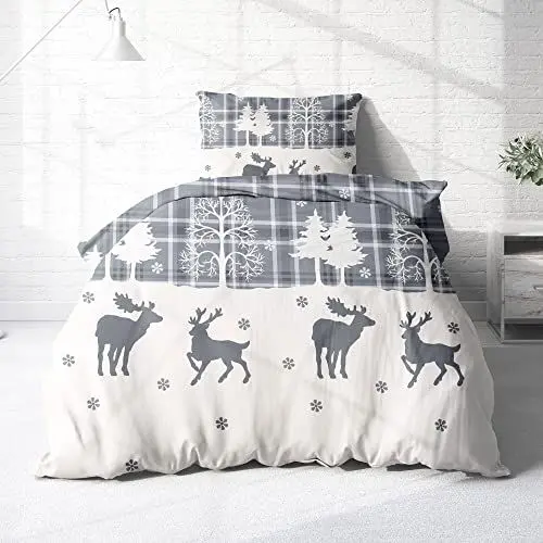 Produktbild: Träumschön Biber Bettwäsche 135x200 2tlg - Flauschige Bettwäsche 135x200 - Silberne Weihnachtsbettwäsche 135x200 aus 100% Baumwolle