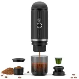 Produktbild: Tragbare Espressomaschine, wiederaufladbar, elektrisch, 12 V, Ein-Klick-Heizung, automatische Kaffeemaschine, kompatibel mit NS-Kapseln und gemahlenem Kaffee für Camping Reisen Zuhause (Schwarz)