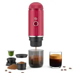 Produktbild: Tragbare Espressomaschine, wiederaufladbar, elektrisch, 12 V, Ein-Klick-Heizung, automatische Kaffeemaschine, kompatibel mit NS-Kapseln und gemahlenem Kaffee für Camping Reisen Zuhause (Rot)