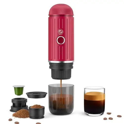Produktbild: Tragbare Espressomaschine, wiederaufladbar, elektrisch, 12 V, Ein-Klick-Heizung, automatische Kaffeemaschine, kompatibel mit NS-Kapseln und gemahlenem Kaffee für Camping Reisen Zuhause (Rot)