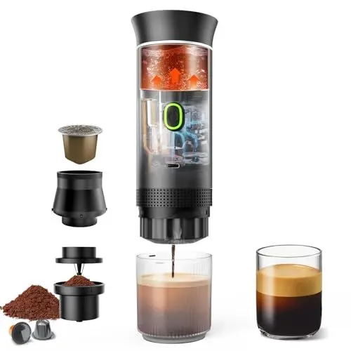 Produktbild: Tragbare Kaffeemaschine mit Akku für Reise, 3 in 1 Kapsel Kaffeemaschine Kompatibel mit Nespresso Kapseln & Gemahlener Kaffee, 2 Minuten Schnelles Erhitzen, Camping Kaffeemaschine für Reisen und Auto