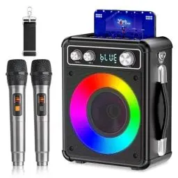 Produktbild: Tragbare Karaoke Maschine mit 2 Drahtlosen Mikrofone, Ankuka Bluetooth Lautsprecher Box für Erwachsene/Kinder mit LED Lichteffekte, Unterstützt TF/USB, FM, Rec, AUX in, TWS für Party, Geburtstag
