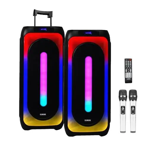 Produktbild: KB-ELEMENTS Tragbare Karaoke Maschine mit 2 kabellose Mikrofone - Bluetooth Lautsprecher Box mit Lichteffekte, 2 x 10 Zoll Tieftöner