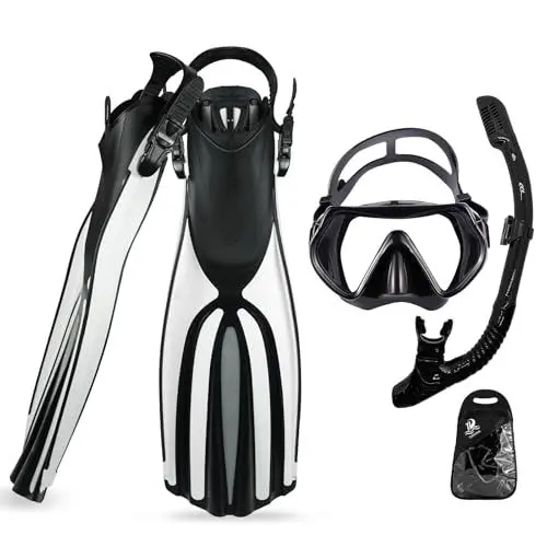 Produktbild: Tragbare Schnorchelausrüstung für Erwachsene, dreiteiliges Set aus Tauchmaske, Schnorchel und Tauchflossen, Schnorchelausrüstung in Reisegröße zum Schwimmen, Schnorcheln und Tauchen (Weiß)