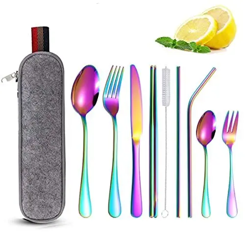 Produktbild: Tragbare Utensilien Set, Campingbesteck aus Edelstahl, Reisebesteck, Wanderbesteck, mit Messer, Gabel, 2 Löffel, Strohhalme, Reinigungsbürste, für Wandern, Reisen, Picknick, Büro, Schule