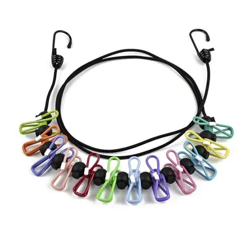 Produktbild: Tragbare Wäscheleine, Elastische Wäscheleinen Camping Wäscheleine mit 12 Stück Klammern für Reise Urlaub Outdoor Camping Wohnheim(180-300cm)