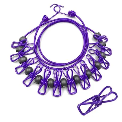 Produktbild: Tragbare Wäscheleine, Reisewäscheleine Flexible Camping Wäscheleine Elastische Verstellbare Wäscheleine mit 12 Stück Klammern und 13 Stück Positionierung Wölbungen Outdoor Wäscheleine